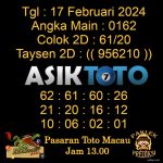 Angka jitu Toto macau jam 13.00 Siang tanggal 17 Februari 2024