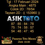 Angka jitu Toto macau jam 19.00 Malam tanggal 17 Februari 2024