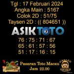 Angka jitu Toto macau jam 22.00 Malam tanggal 17 Februari 2024