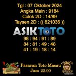 Angka jitu Toto macau jam 22.00 Malam tanggal 07 Oktober 2023